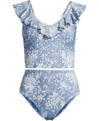 Plus Size Pique Ruffle Midkini Top and High Waisted Bottom Swimsuit Set