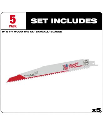 9 in. 5 TPI AX Nail-Embedded Wood Cutting SAWZALL Reciprocating Saw Blades - 5 Count - 48-00-5026