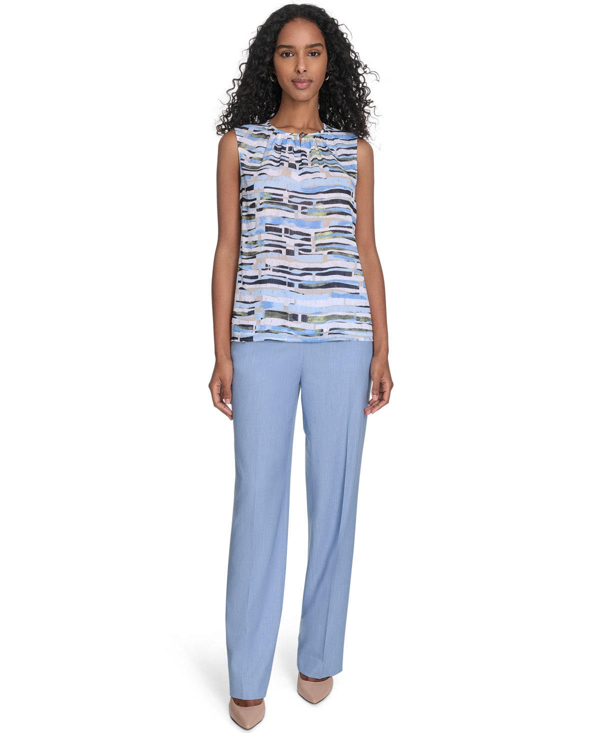 Calvin Klein Women's Printed Keyhole-neck Sleeveless Blouse