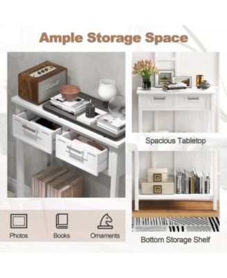 Narrow Console Table with Drawers and Open Storage Shelf