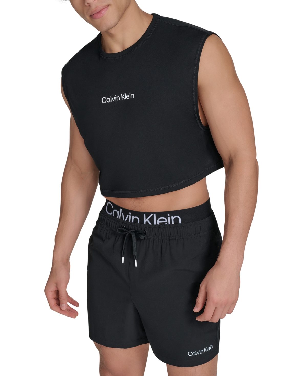 Calvin Klein Men's Cropped Logo Swim Tank Top In Black