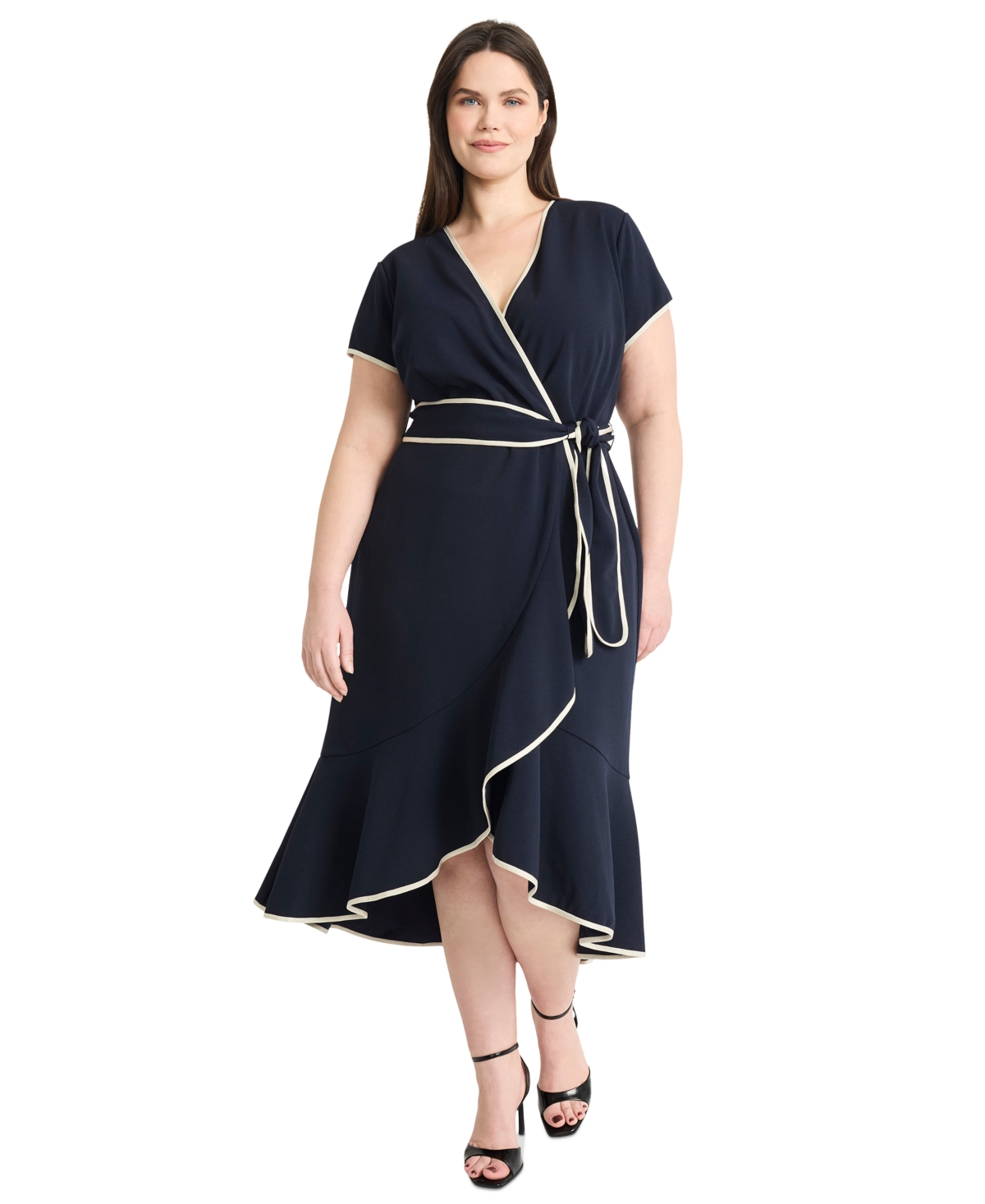 Plus Size Contrast-Trim Tie-Waist Midi Dress - Navy
