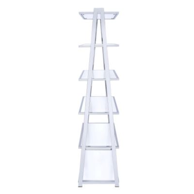White and Chrome Bookshelf with 6 Shelves High Gloss Finish Wood Metal Frame Modern Bookcase