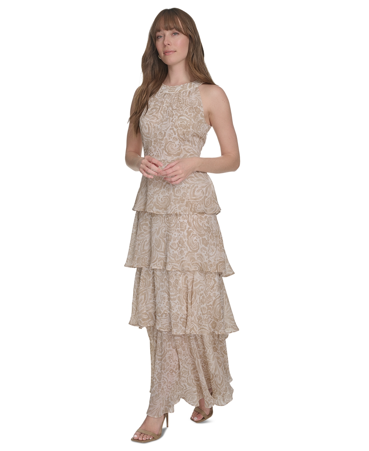 Tommy Hilfiger Women's Printed Tiered Halter Maxi Dress In Khaki Multi