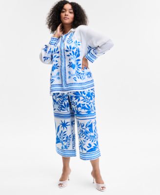 Shop Inc International Concepts Plus Size Printed Long Sleeve Button Front Shirt Printed Wide Leg Pants Exclusively At Macys