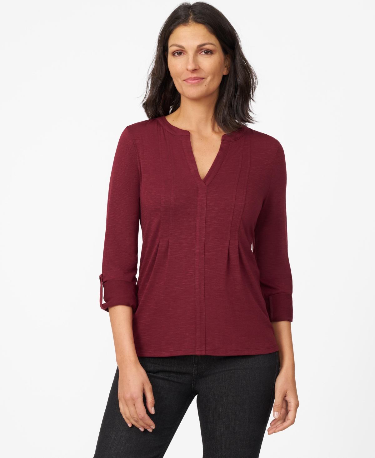 Women's Pintuck Pleat Henley Top - Burnt ochre