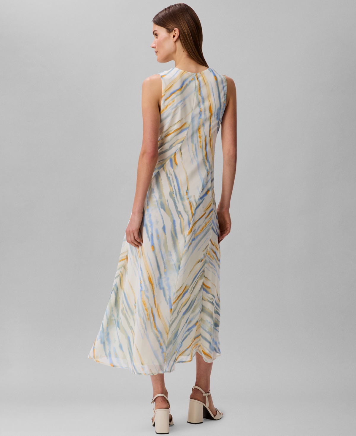 Calvin Klein Women's Printed V-neck Sleeveless Midi Dress In White,natural