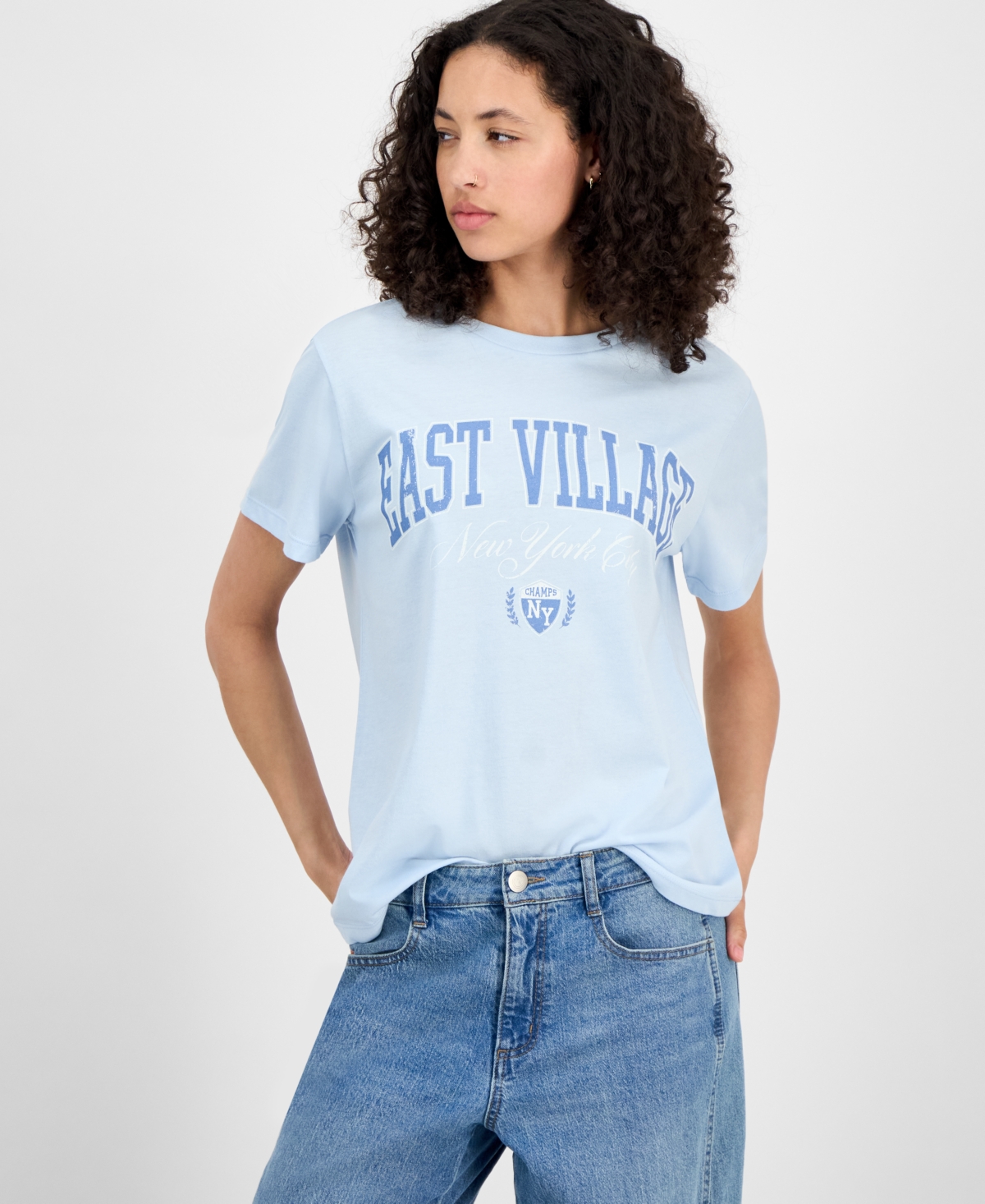 Juniors' Crewneck East Village T-Shirt - Blue