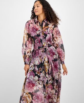 Women's Printed Button-Front Organza Maxi Dress