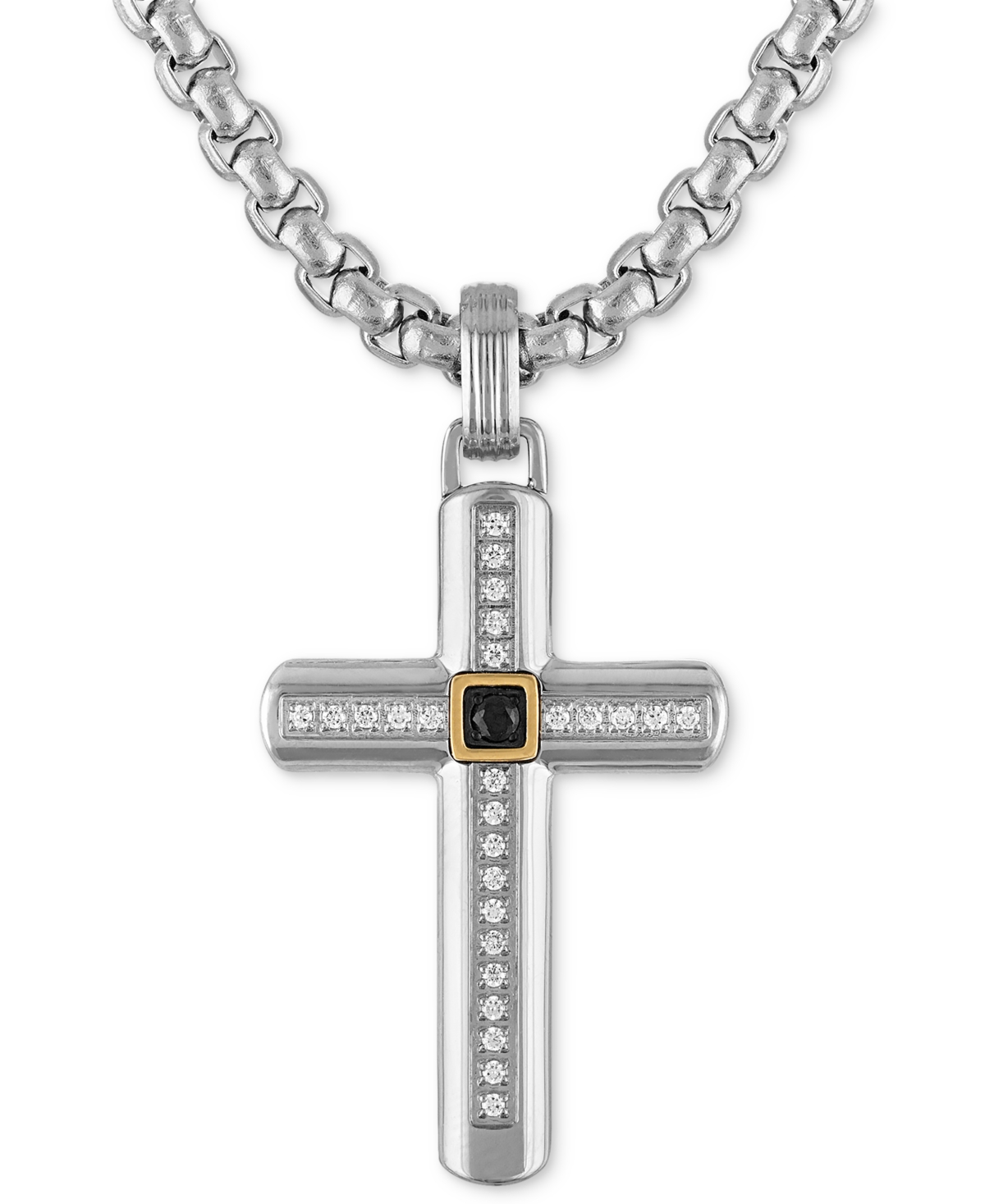 Macy's White & Black Diamond Cross 22" Pendant Necklace (1/6 Ct. T.w.) In Stainless Steel In Gray