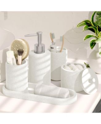 Complete Burlap-Texture Polyresin Bathroom Decor & Accessory Set with Shower Curtain & Bath Rugs