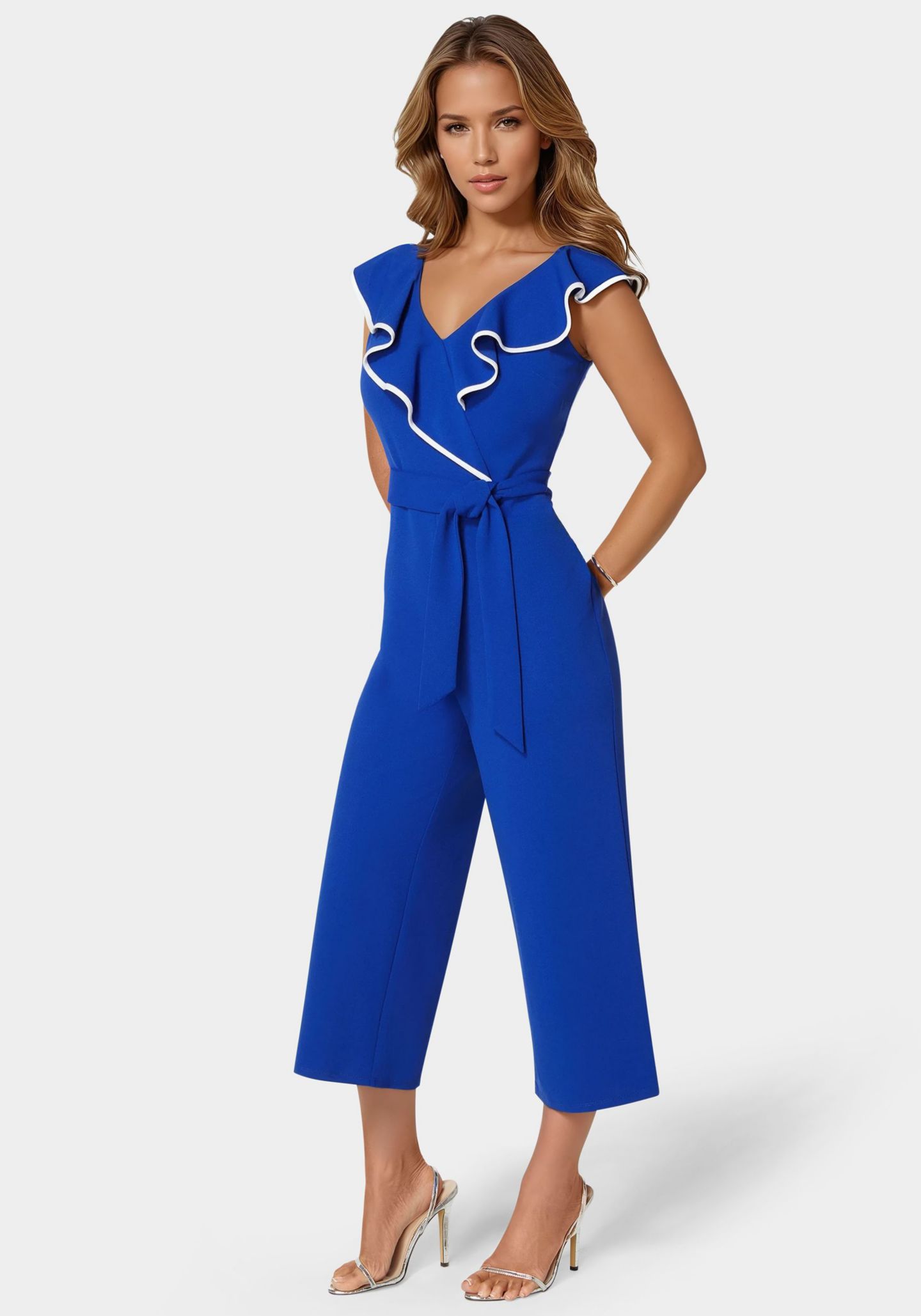 Женский комбинезон Bebe Scuba Crepe Ruffle V-Neck Jumpsuit, цвет: Королевский синий — фото 3