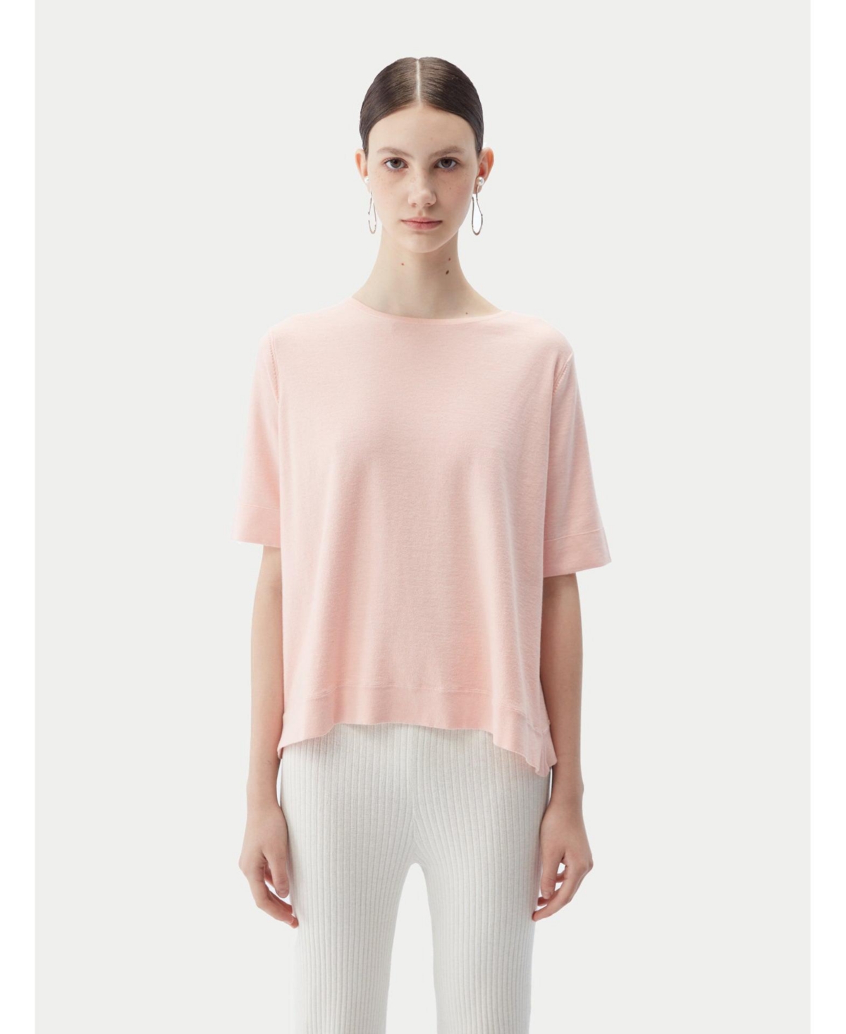 Women's Box-Cut Cotton Silk Cashmere Blend T-Shirt - Pink-primrose pink