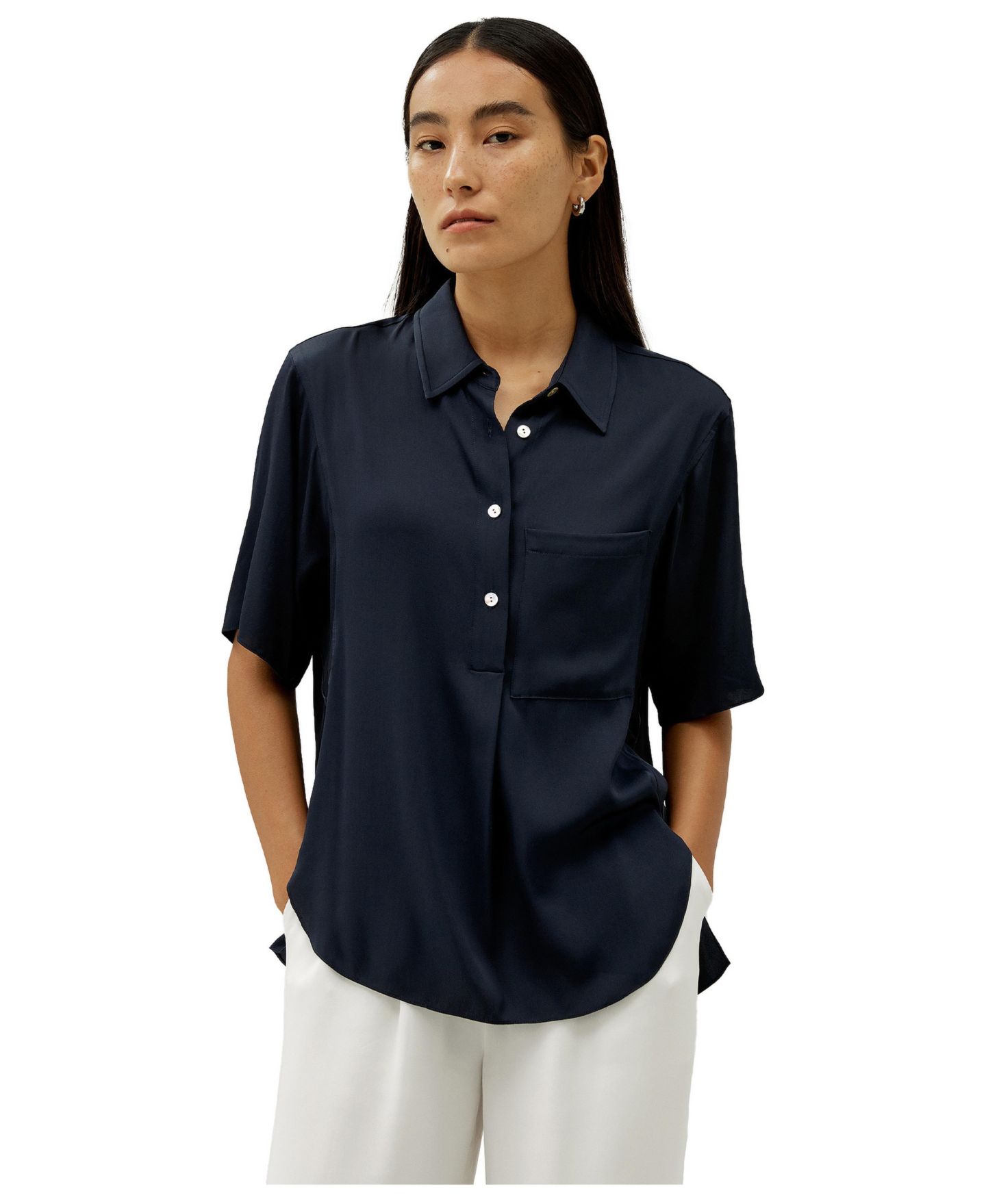 Женская рубашка LILYSILK Half-Placket Short Sleeve Button Up Streachy Silk, цвет: Полуночный синий — фото 1