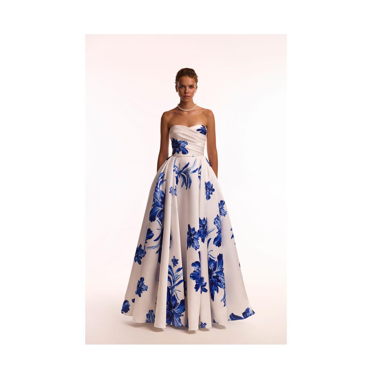 Women's Wonderful white A-line maxi dress with blue flowers - White-blue