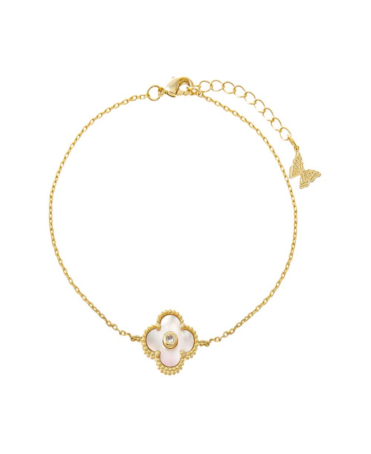 Cubic Zirconia Bezel Colored Stone Clover Pendant Bracelet - White