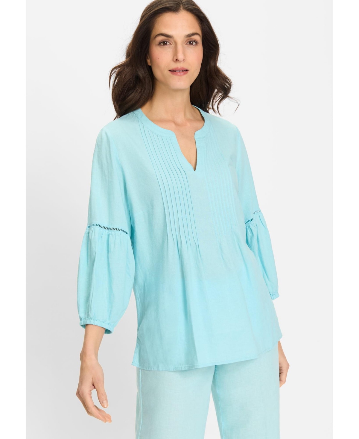Women's Linen Blend Boho Blouse - Aqua mint