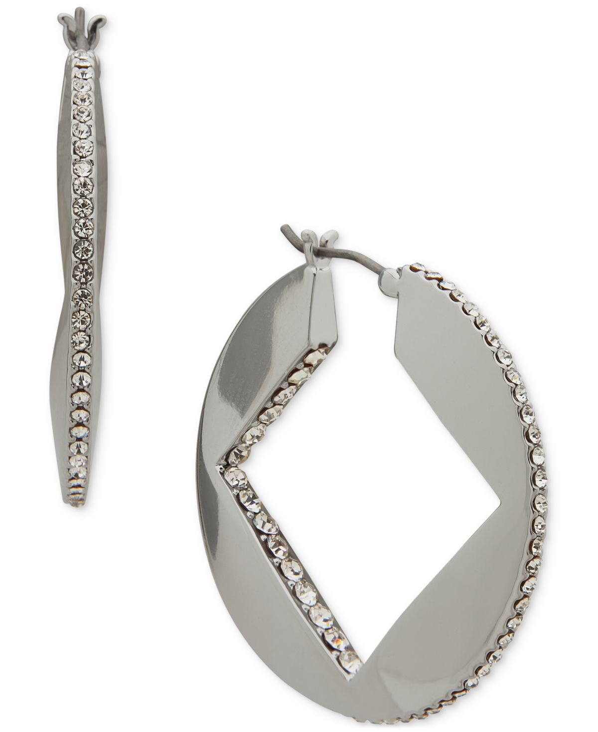 Medium Pave Square-Cut Hoop Earrings, 1.1" - Silver