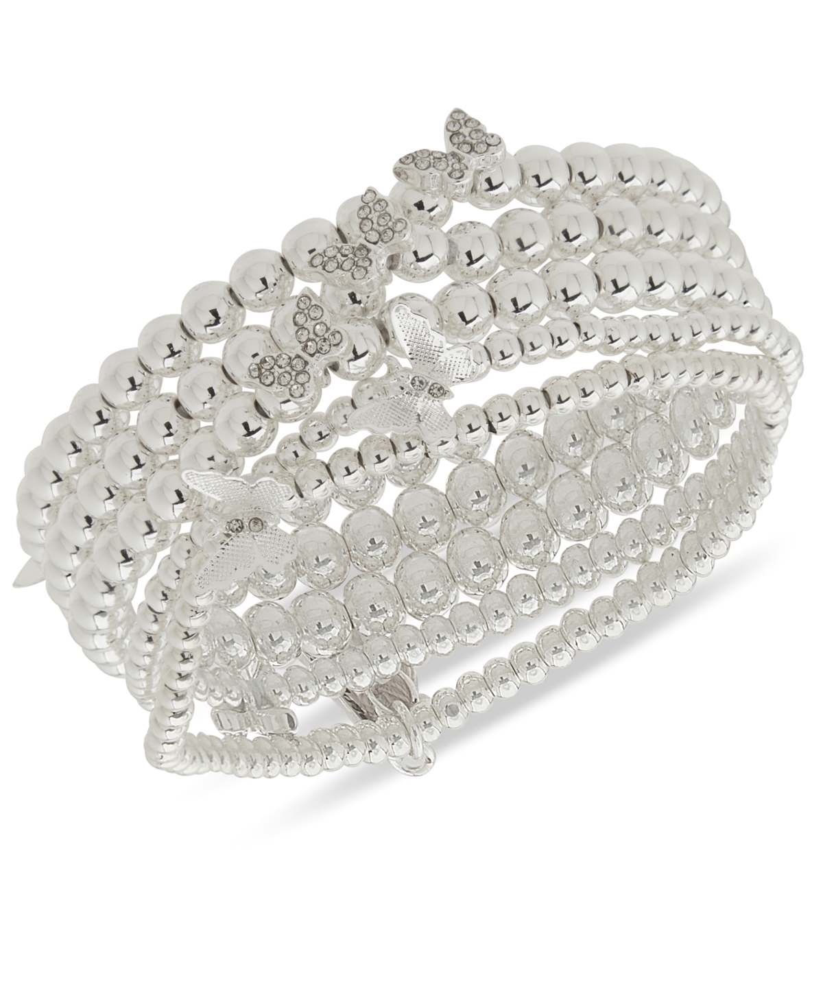 Silver-Tone 5-Pc. Set Crystal Beaded Butterfly Stretch Bracelet - White