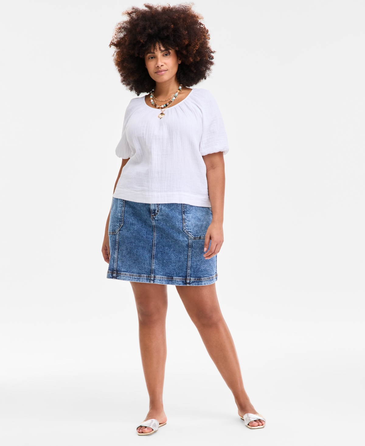 On 34th Plus Size Cotton Gauze Scoop-neck Puff-sleeve Top, Exclusively At Macy's