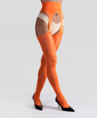 Women's Lustrous Silky Shiny Sheer Suspender Crotchless High-Waist Pantyhose Tights