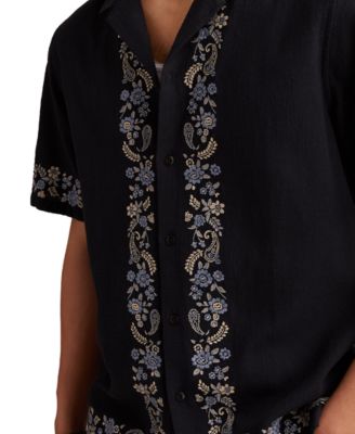 Men's Short Sleeve Embroidered Border Button-Front Shirt