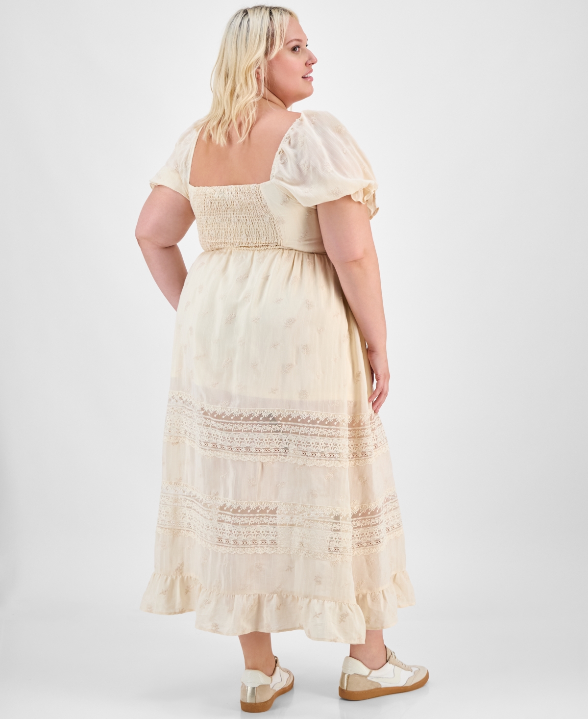 And Now This Trendy Plus Puff-sleeve Lace-trim Midi Dress, Exclusively At Macy's In Beige
