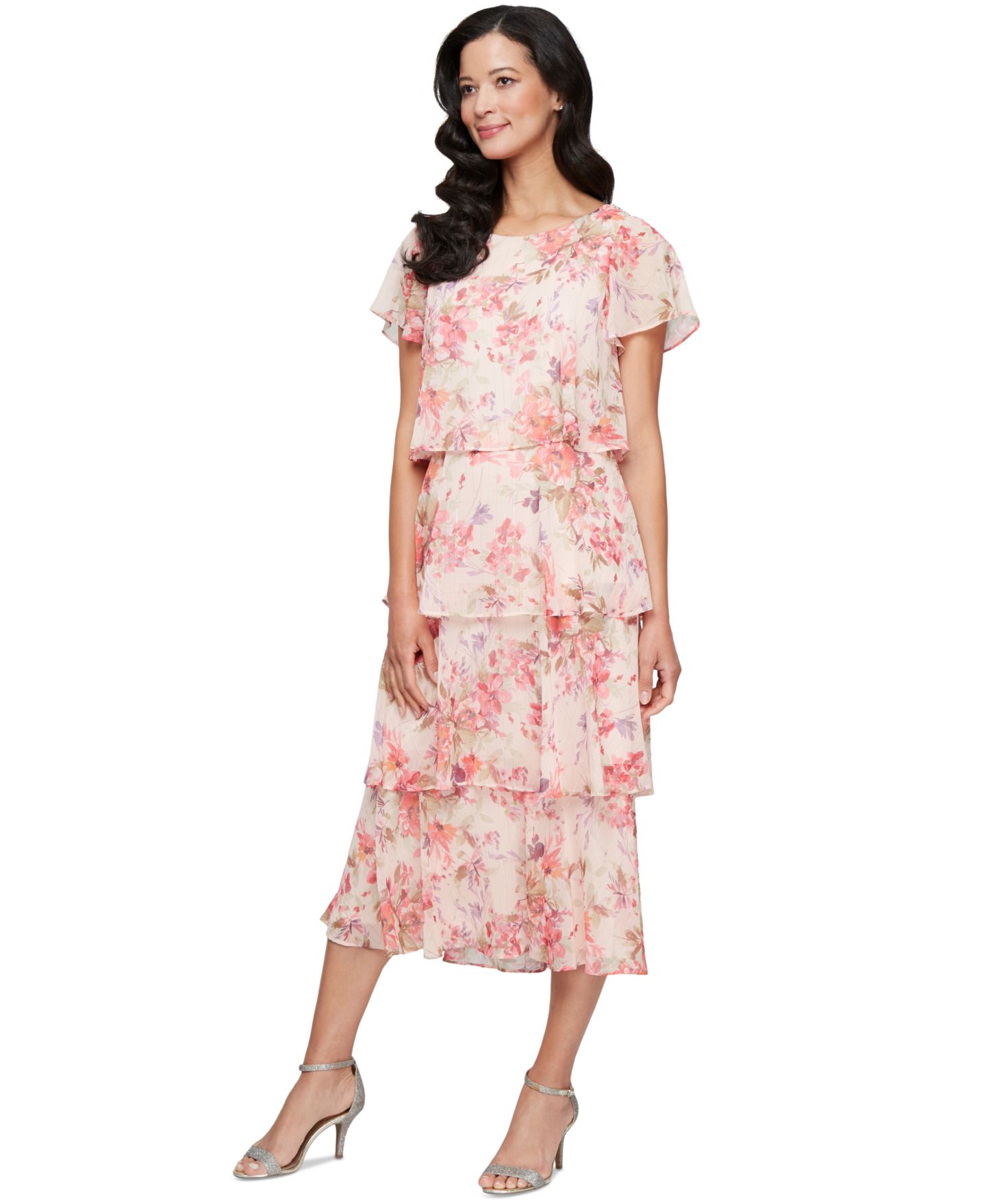 Женское платье SL Fashions Floral-Print Tiered, цвет: Персиковый — фото 1