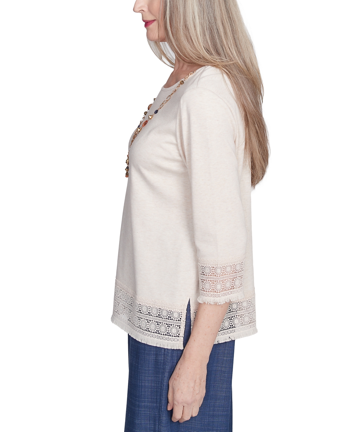 Alfred Dunner Plus Size Summer Solstice Lace Trimmed Knit Top With Necklace