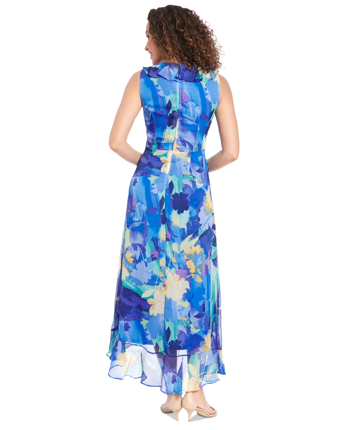 London Times Petite Floral Flutter-sleeve Ruffle Dress In Blue Multi