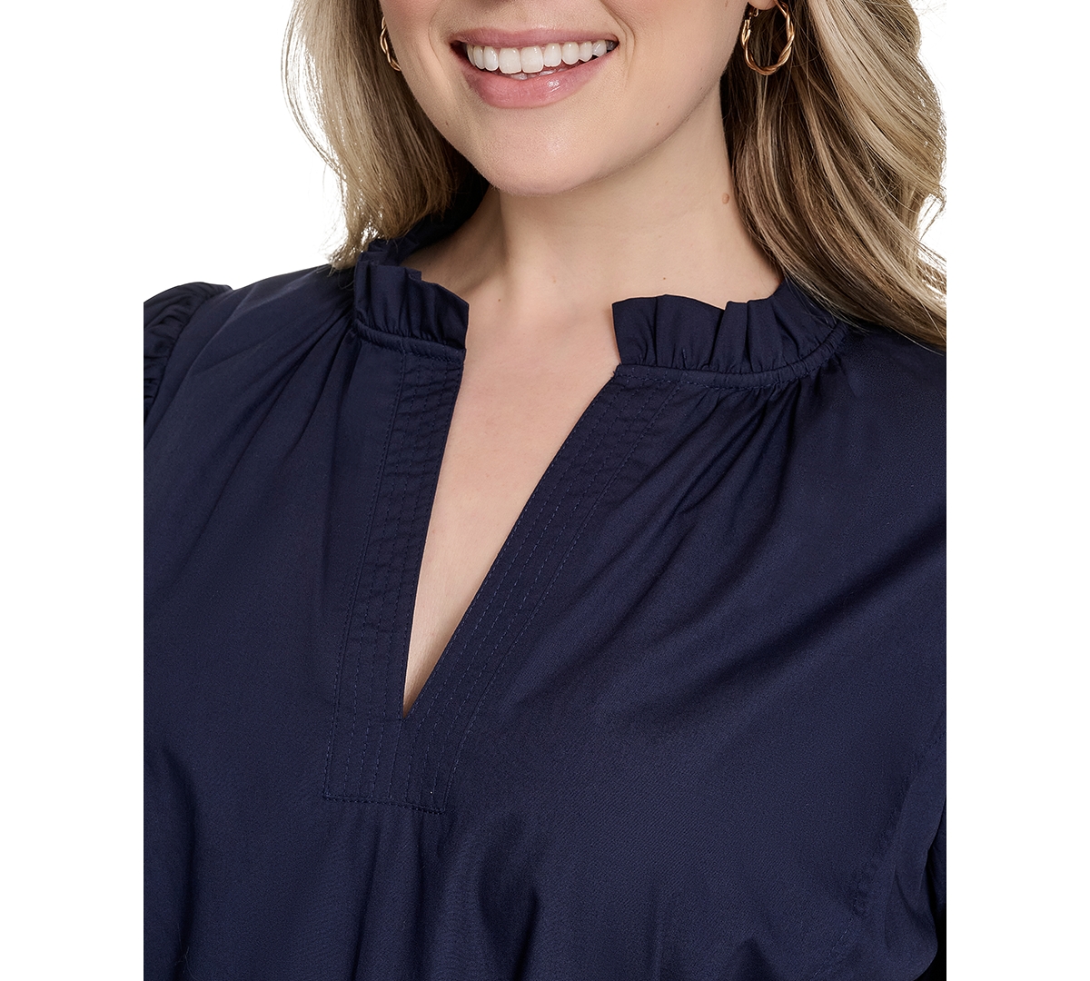 Vince Camuto Plus Size Cotton Puff-sleeve Tie-waist Dress In Blue