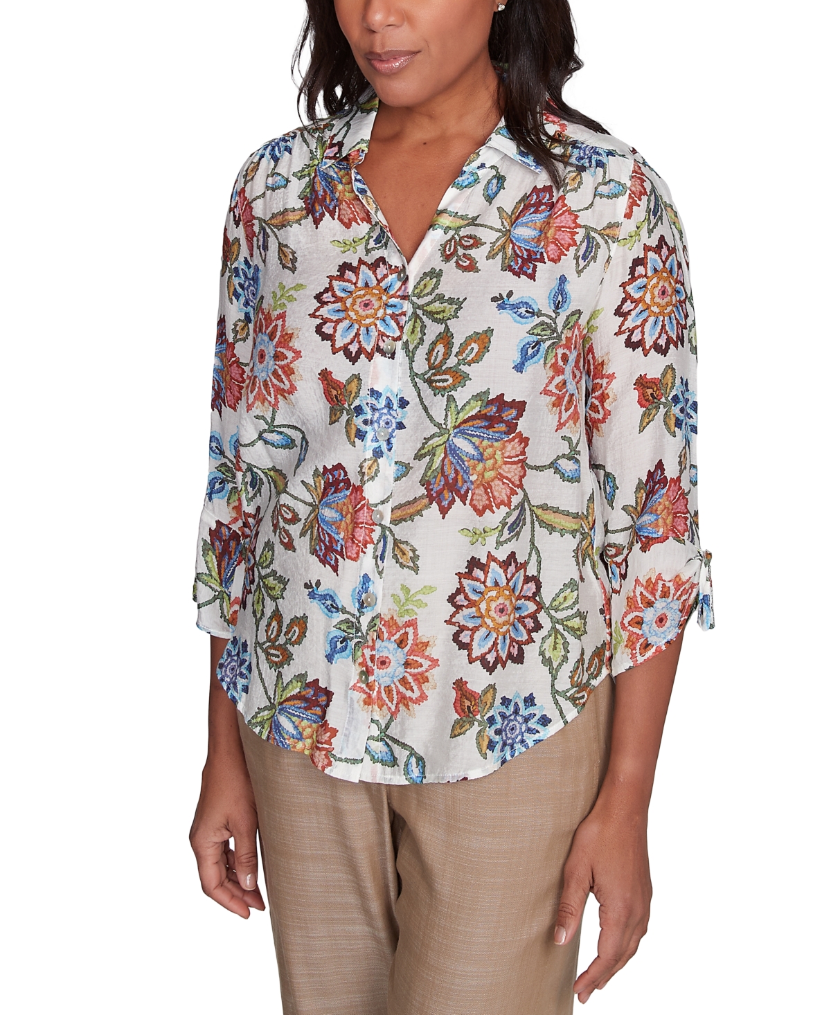 Alfred Dunner Petite Floral-print Tie-sleeve Shirt In Multi
