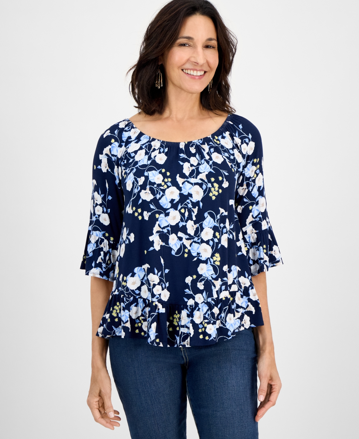 Style & Co Women's Floral-print Flared-sleeve Top, Exclusively At Macy's