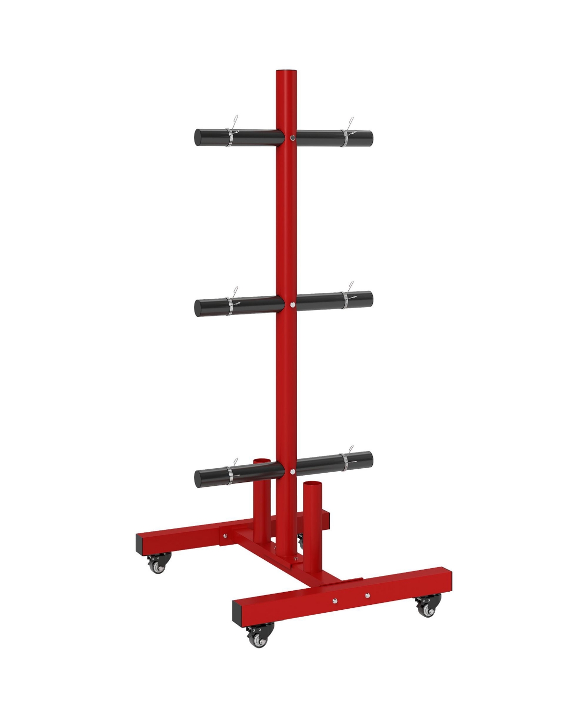 Olympic Weight Plate Rack with 4 Wheels and 6 Fasten Clamps, - Red