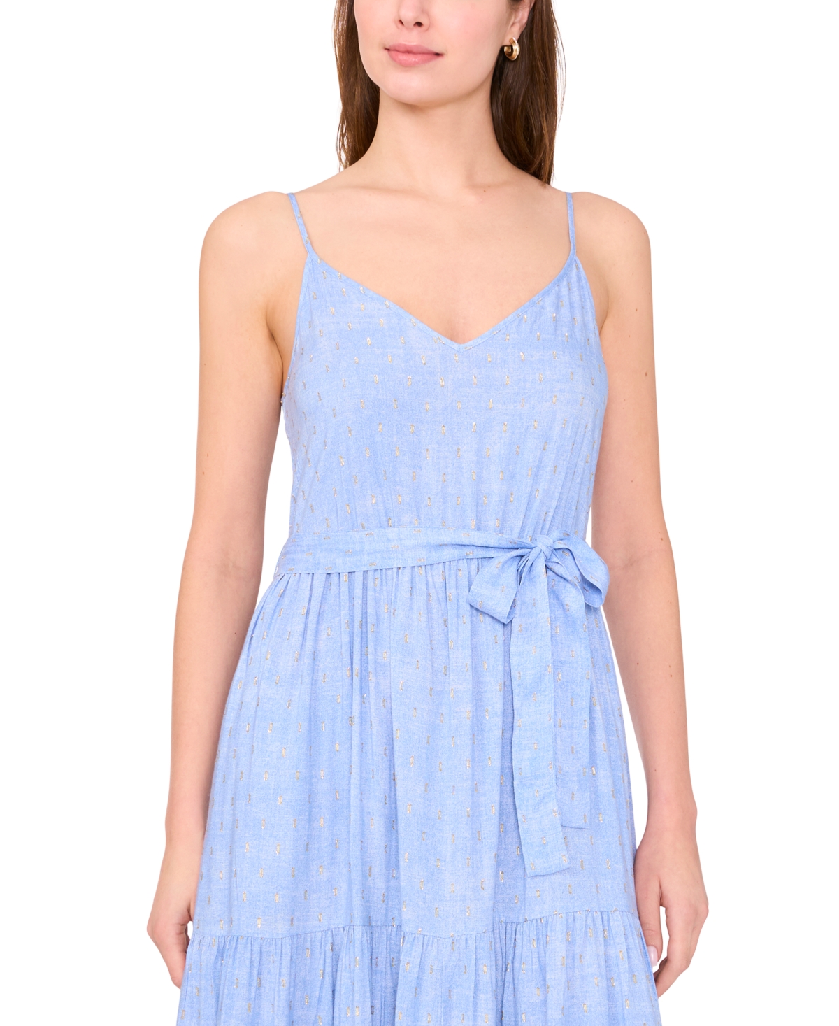 Msk Petite Printed V-neck Sleeveless Belted Maxi Dress In Blue