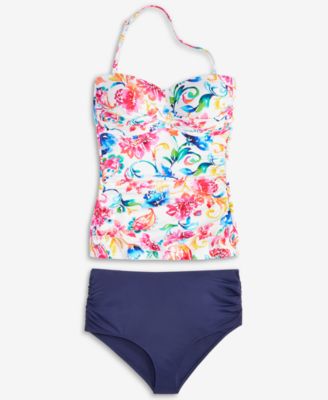 ANNE COLE WOMENS WATERCOLOR PAISLEY TWIST FRONT BANDEAU TANKINI TOP HIGH WAIST BIKINI BOTTOMS 