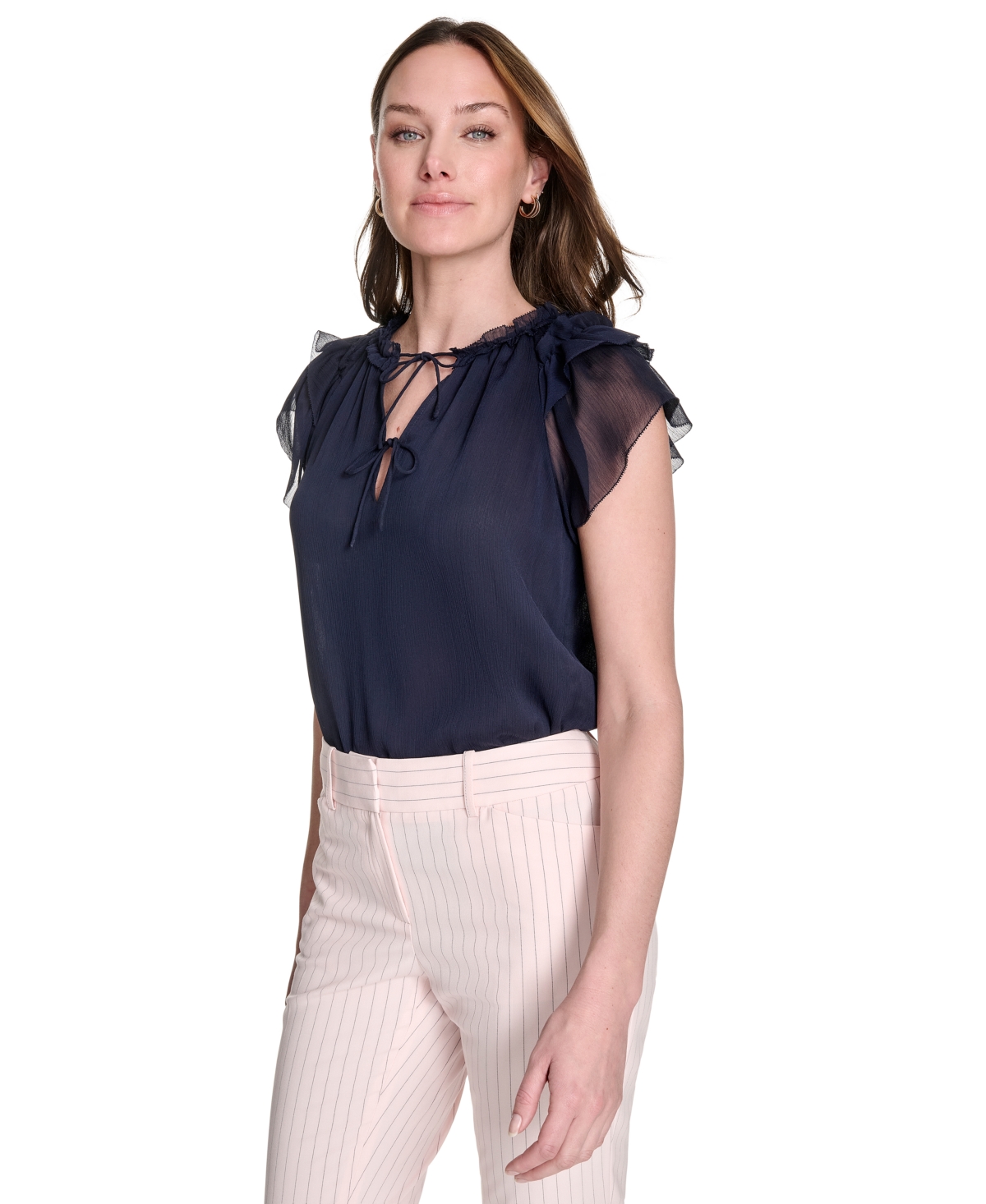 Tommy Hilfiger Women's Split-neck Flutter-sleeve Blouse
