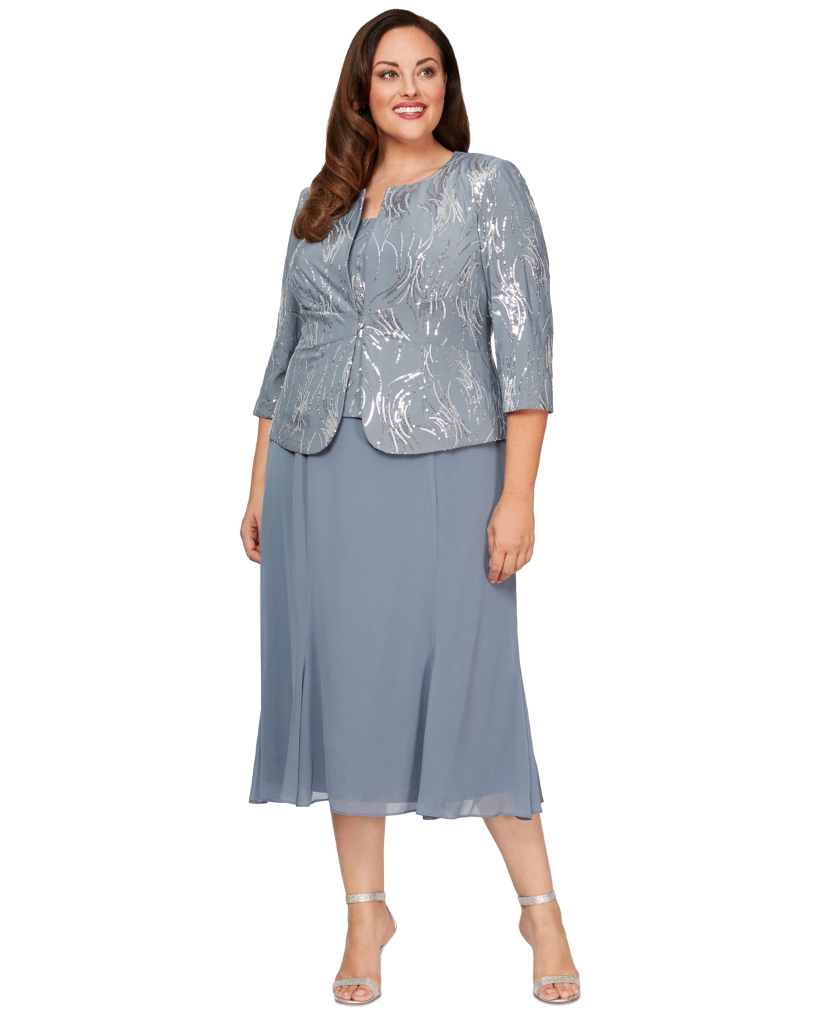 Plus Size Sequin Jacket & Midi Dress - Steel Blue