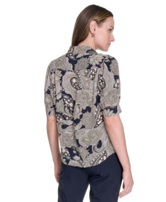 Women's Printed Point Collar Puff-Sleeve Blouse