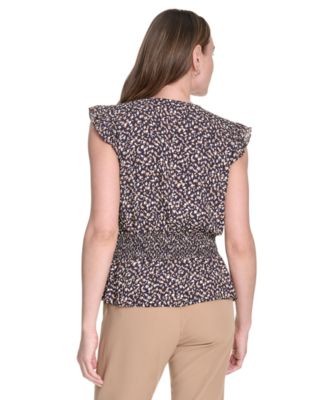 Women's Printed Smocked-Waist Flutter-Sleeve Blouse