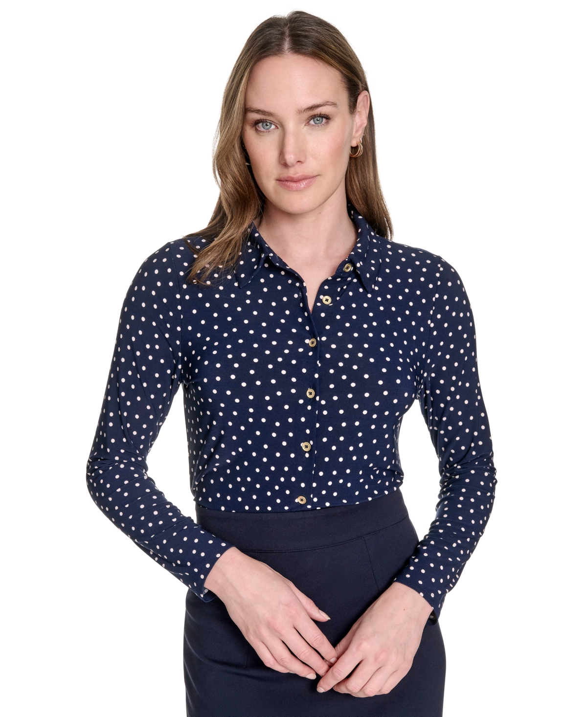 Women's Dot-Print Long-Sleeve Knit Blouse - Midnight/ Powder