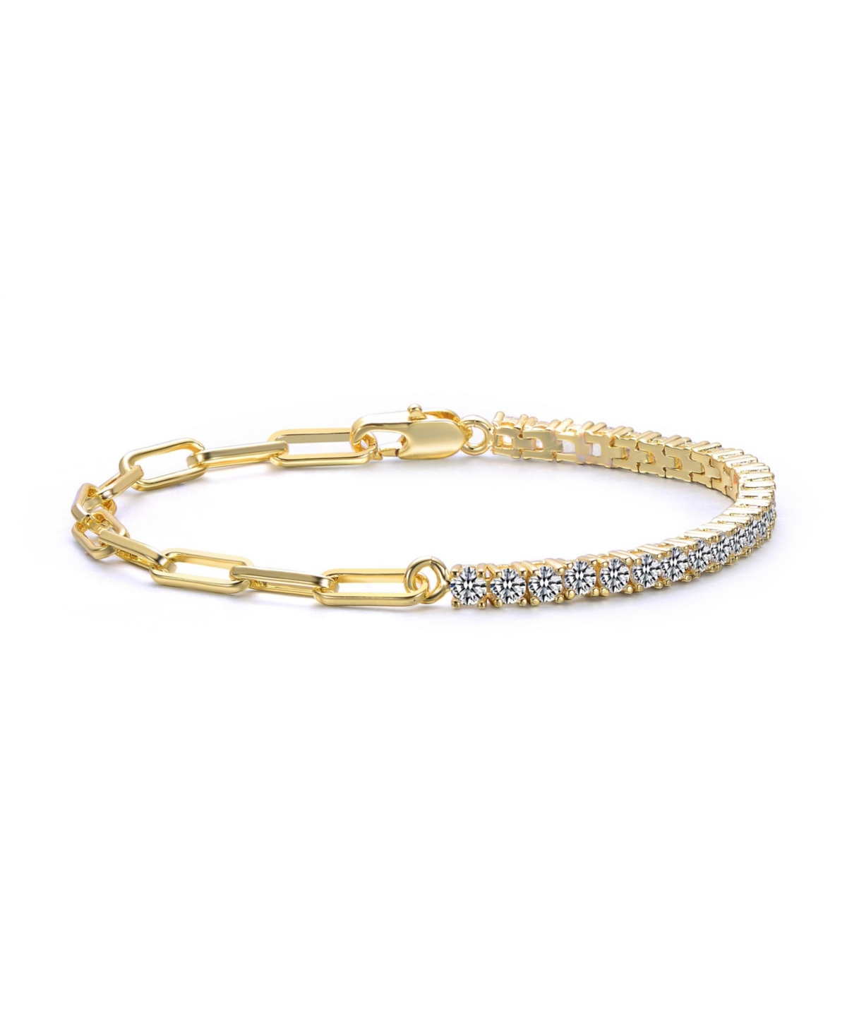 14K Gold Plated with Clear Cubic Zirconia Half Tennis Half Link Bracelet - Gold