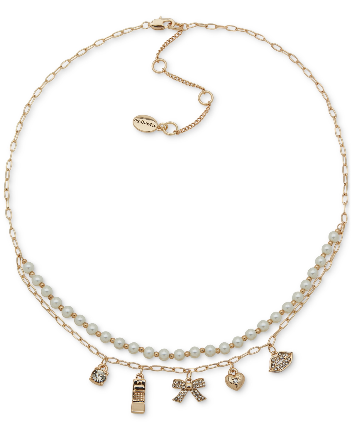 CLUELESS GOLD-TONE CRYSTAL CHARM & IMITATION PEARL BEADED LAYERED STATEMENT NECKLACE, 16" + 3" EXTENDER 