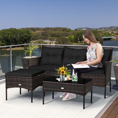 Set of 3 3-Seat Sofa Cushioned Table Rattan Furniture Set Garden Patio