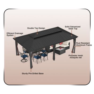 12x20 FT Hard Top Metal Gazebo Patio Double Roof Canopy Aluminum Frame Gazebo with Netting Tent Curtains