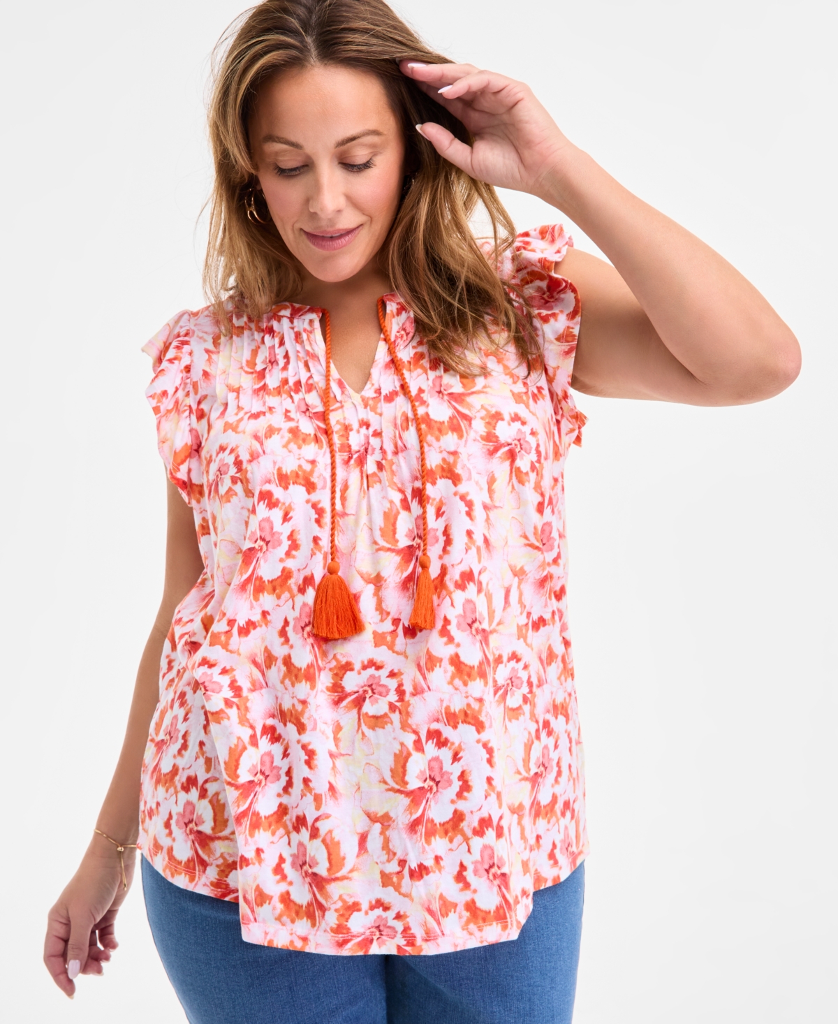 Style & Co Plus Size Printed Ruffle Pintuck Top, Exclusively At Macy's