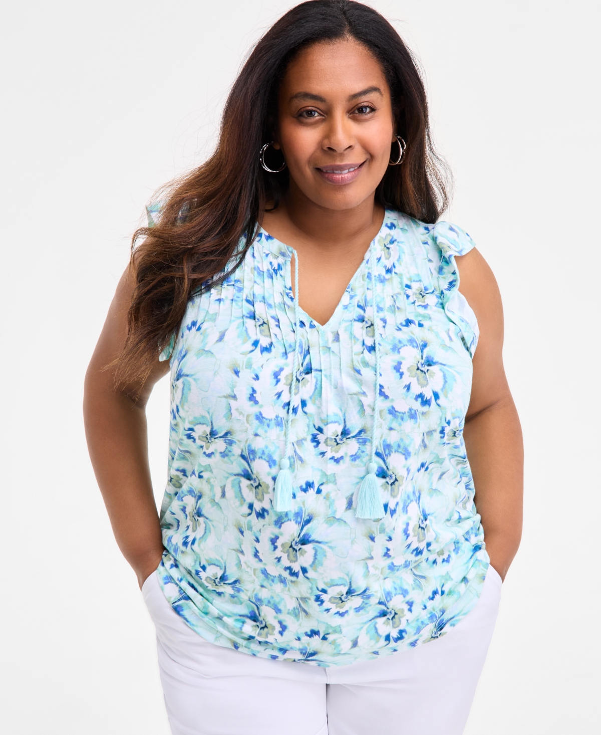 Style & Co Plus Size Printed Ruffle Pintuck Top, Exclusively At Macy's