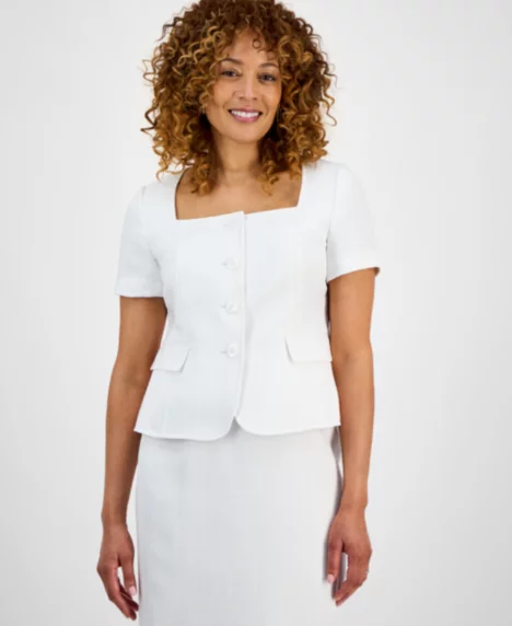 Women's Tweed Square-Neck Button-Front Jacket & Slim Skirt Set, Regular & Petite - Natural White