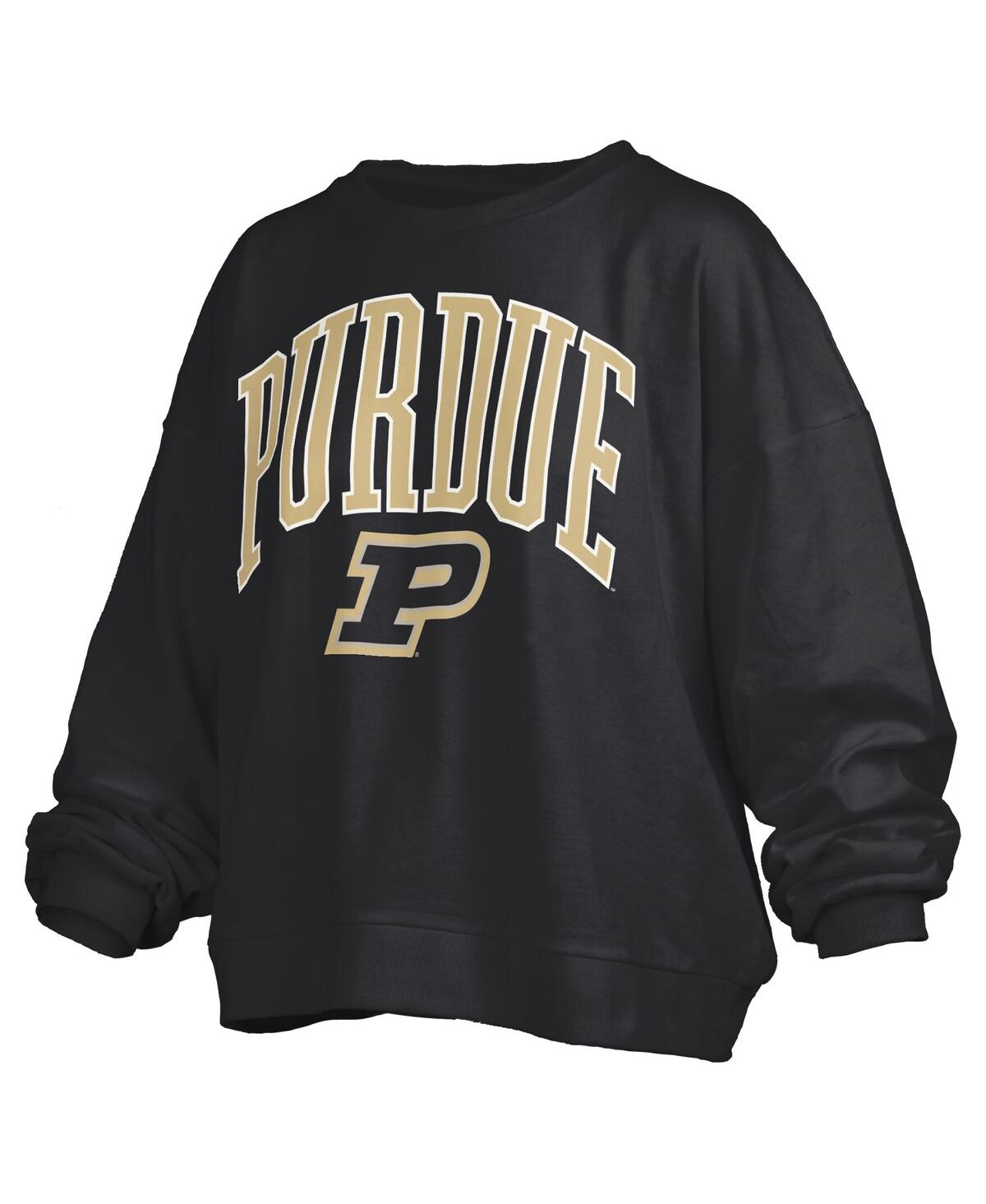 PRESSBOX WOMEN'S BLACK PURDUE BOILERMAKERS JANISE ARCH OVER LOGO WAIST LENGTH OVERSIZED PULLOVER SWEATSHIRT 