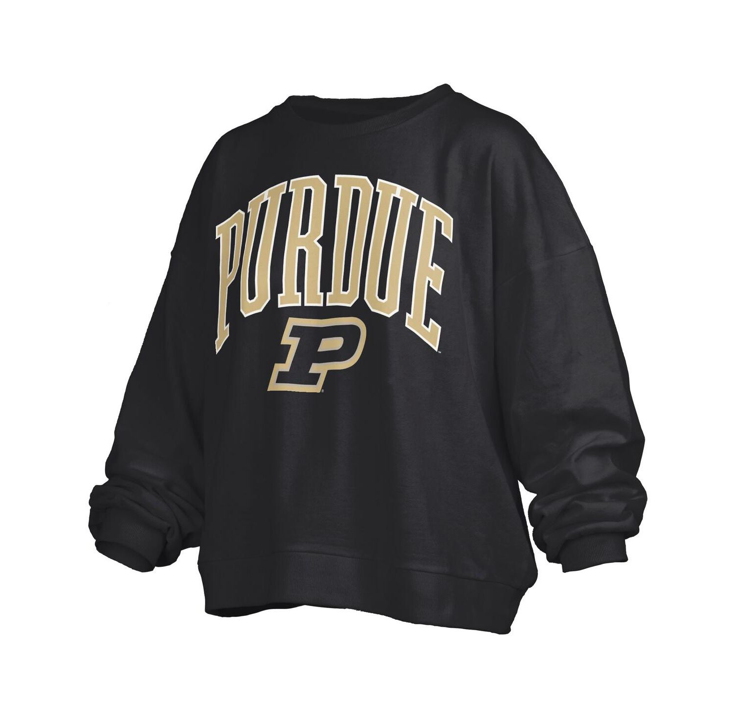 Women's Black Purdue Boilermakers Janise Arch Over Logo Waist Length Oversized Pullover Sweatshirt